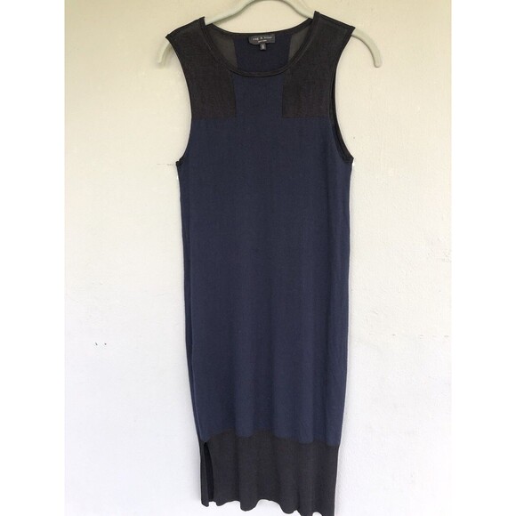 Rag & Bone Wool Sheath Midi Dress XS Blue Black Sleeveless Mesh Cocktail Party - Picture 1 of 11